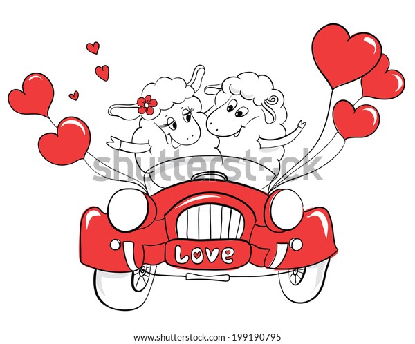 Couple in love. Happy sheep in red car. Idea\
for greeting Wedding or Valentine\'s Day card. Cartoon doodle vector\
illustration