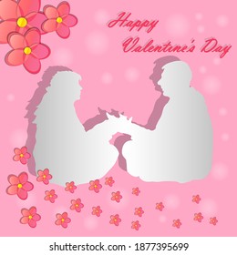 Couple in love. Love and happy valentine day card on pink background. Man and woman couple holding hands and looking at each other. Paper cut art, origami style. Love concept. Stock vector illustration