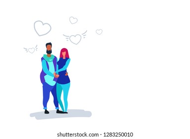couple in love happy valentines day concept young man woman embracing standing together over heart shapes male female characters full length sketch doodle horizontal