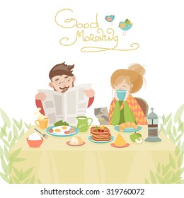 Couple in love having breakfast. Vector illustration