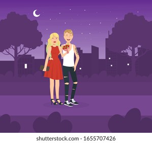 Couple in Love Having Date at Night, Happy Loving Couple on Romantic Date Vector Illustration