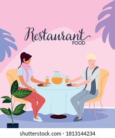 couple in love having dinner and having a juice in the restaurant vector illustration design