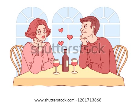 Couple in love having dinner at a restaurant. Hand drawn vector illustration.