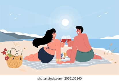 Couple in love having a picnic by the seashore.Young people sitting, relaxing and drinking wine.Romantic date of man and a woman on beach.Vector flat illustration.