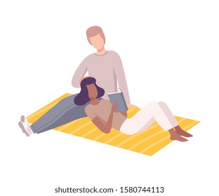 Couple in Love Having Picnic in the Park, Man and Woman Characters Relaxing Outdoors, Girl Lying and Reading Book Flat Vector Illustration