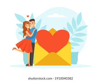 Couple in Love Having Romantic Date during Valentine Day Celebration, Young Man and Woman Met through Online Dating Application or Website Vector Illustration