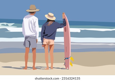 A couple in love is having a summer vacation at the beach looking at the sea and holding a surf board.