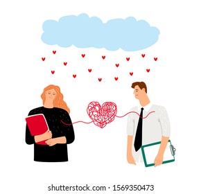 Couple in love heart bound. Enamored romance couple characters, rain hearts. St. Valentines Day vector illustration