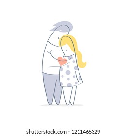 Couple in love with heart, cuddling, hugging, happy family or romantic, spending time together concept. Cute isolated outline vector illustration, cartoon woman and man hugging on white.