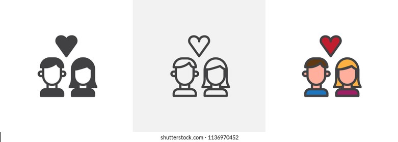 Couple in love with heart icon. Line, solid and filled outline colorful version, outline and filled vector sign. Love symbol, logo illustration. Different style icons set. Vector graphics