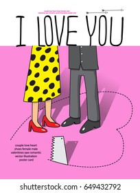 couple love heart shoes female male valentines saw romantic vector illustration poster card