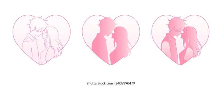 Couple in Love with Heart Silhouette. Romantic Valentine's Day Moments. Vector Illustration Set.