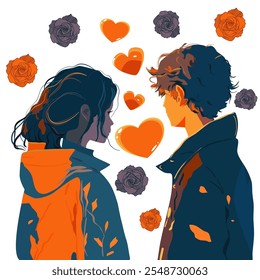 Pareja enamorada de corazones y rosas Ilustración vectorial 