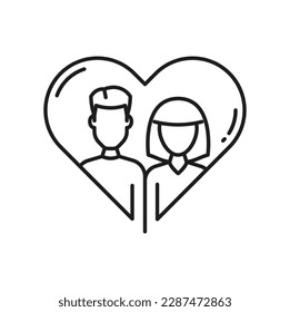 Couple in love, help and support, people in heart, happy family outline icon. Vector man in woman married, romantic emotions, lovers feelingd