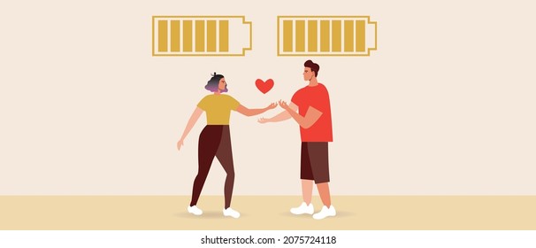 Couple in love, high battery. Flat vector stock illustration. Mental health. Emotional battery, high charge. Happy woman, man. Hugs of people. Vector illustration