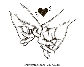 Couple in love hold hands engraving vector illustration. Scratch board style imitation. Hand drawn image.