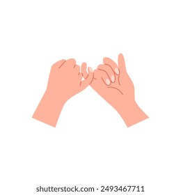 Pareja enamorada agárrate de las manos, sosteniendo pinkies ilustración plana de Vector. Icono de emoji de gesto de brazo humano romántico de dibujos animados. Concepto de amor y amistad, simpatía y señal de aprecio. Asociación Unity