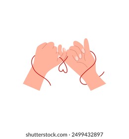 Couple in love hold hands, holding pinkies with heart from red ribbon vector flat illustration. Cartoon romantic human arm gesture emoji icon. Love and friendship concept, sympathy and appreciate sign
