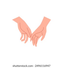 Couple in love hold hands, touch fingers vector flat illustration. Love and friendship concept, sympathy and appreciate sign. Cartoon unity partnership, romantic human arm gesture emoji icon