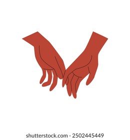 Couple in love hold hands, touch fingers vector flat illustration. Cartoon romantic human arm gesture emoji icon. Love and friendship concept, sympathy and appreciate sign. Unity partnership