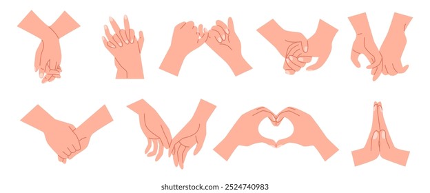 Couple in love hold hands vector emoji icon set. Hand shake, touch palms, heart shape gestures. Cartoon arms love romantic symbol. Friendship and sympathy concept. Unity partnership, appreciate sign