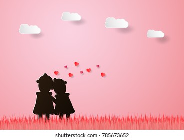 Couple of love hold one's hands among pink field on pink background with cloud. Vector design in paper craft with drop shadow.