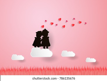 Couple of love hold one's hands among pink field on pink background with cloud. Vector design in paper craft with drop shadow.