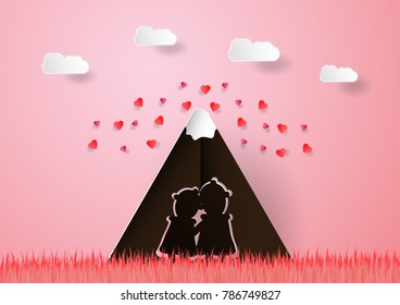 Couple of love hold one's hands among pink field on pink background with cloud and mountain. Vector design in paper craft with drop shadow.