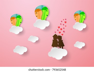 Couple of love hold one's hands on cloud. Vector design in paper craft with drop shadow for Valentine's day.