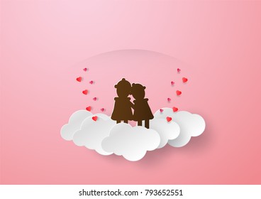 Couple of love hold one's hands on cloud. Vector design in paper craft with drop shadow for Valentine's day.