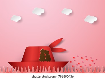 Couple of love hold one's hands among field on the red boat with cloud. Vector design in paper craft with drop shadow.