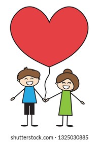 A couple in love holding a big red heart on a string. Vector illustration.