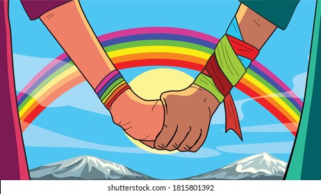 Couple love holding hand together and wear rainbow wristband with background mountain and sunny on blue sky with rainbow for LGBT concept , Vector illustration picture.
 