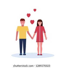 couple in love holding hands happy valentines day celebrating concept man woman lovers standing together over red heart shapes background isolated full length