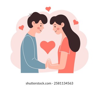 Couple in love holding hands.  Love, romance, dating concept. Valentines Day greeting card. Flat style illustration