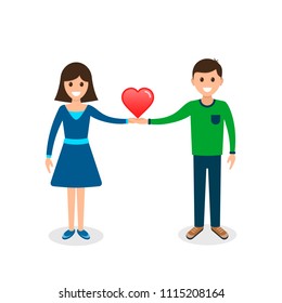 Couple in love holding heart, Vector cartoon illustration.