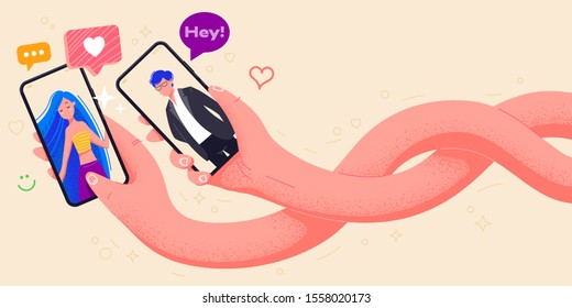 Couple in love holding phones in hand vector illustration. Dating application with man and woman on screen. Video call app minimal design. Make selfie with smartphone. Online dating chat. Office life