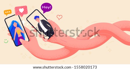 Couple in love holding phones in hand vector illustration. Dating application with man and woman on screen. Video call app minimal design. Make selfie with smartphone. Online dating chat. Office life