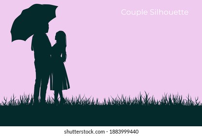 Couple of love holding umbrella silhouette illustration vector background and texture. Landscape background. Wedding card element. Eps 10
