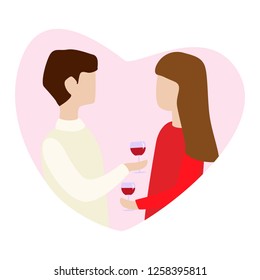 Couple in love holding wine in hands and talking. Vector illustration for Valentine's day greeting card