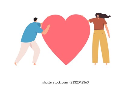 A couple in love holds a huge heart. Vector illustration.