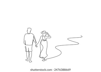 pareja en el amor playa de vacaciones caminar juntos de la mano vida feliz una línea de arte Vector de diseño