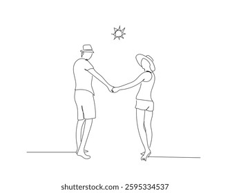 Couple in love holiday beach walk together holding hands happy life one line art design vector.  Couple relaxing. Hand made vector not Al