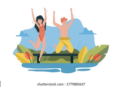 Couple, love, holiday, fun concept. Young happy man woman boyfriend girlfriend characters jumping from pier into river or lake water together. Active funny summer recreation on vacation illustration.