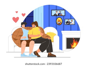 Couple in love in home concept. Man and woman hug each other and sit at sofa. Comfort and coziness indoor. Love and romance. Cartoon flat vector illustration isolated on white background