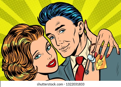 couple in love, house keys gift. Pop art retro vector illustration vintage kitsch