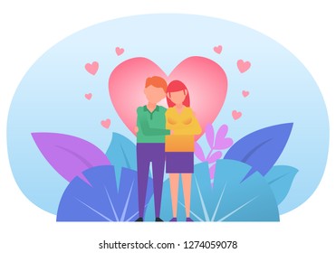 Couple in love, hug, in front of big heart. St Valentine's greeting card. Poster for web page, banner, social media, presentation. Flat design vector illustration