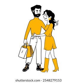 Pareja enamorada abrazándose después de comprar ropa de moda. Hombre feliz con las bolsas de papel que hablan con la mujer. Esposa y marido compradores con compras. Ilustración vectorial de línea plana dibujada a mano de dibujos animados aislada