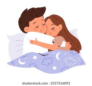 A couple in love hugging in bed.Asleep people, romantic partners. Man and woman lovers under blanket.Husband hugging wife in sleep. 