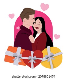 couple in love hugging, couple exchanging gift in celebration of valentine's day